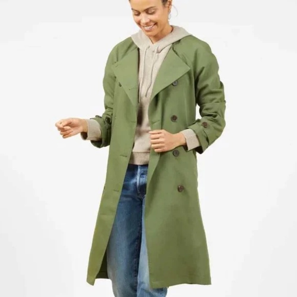 Outerknown Baker Trench Coat Jacket Tie Belt Size S Olive Green Double Breasted